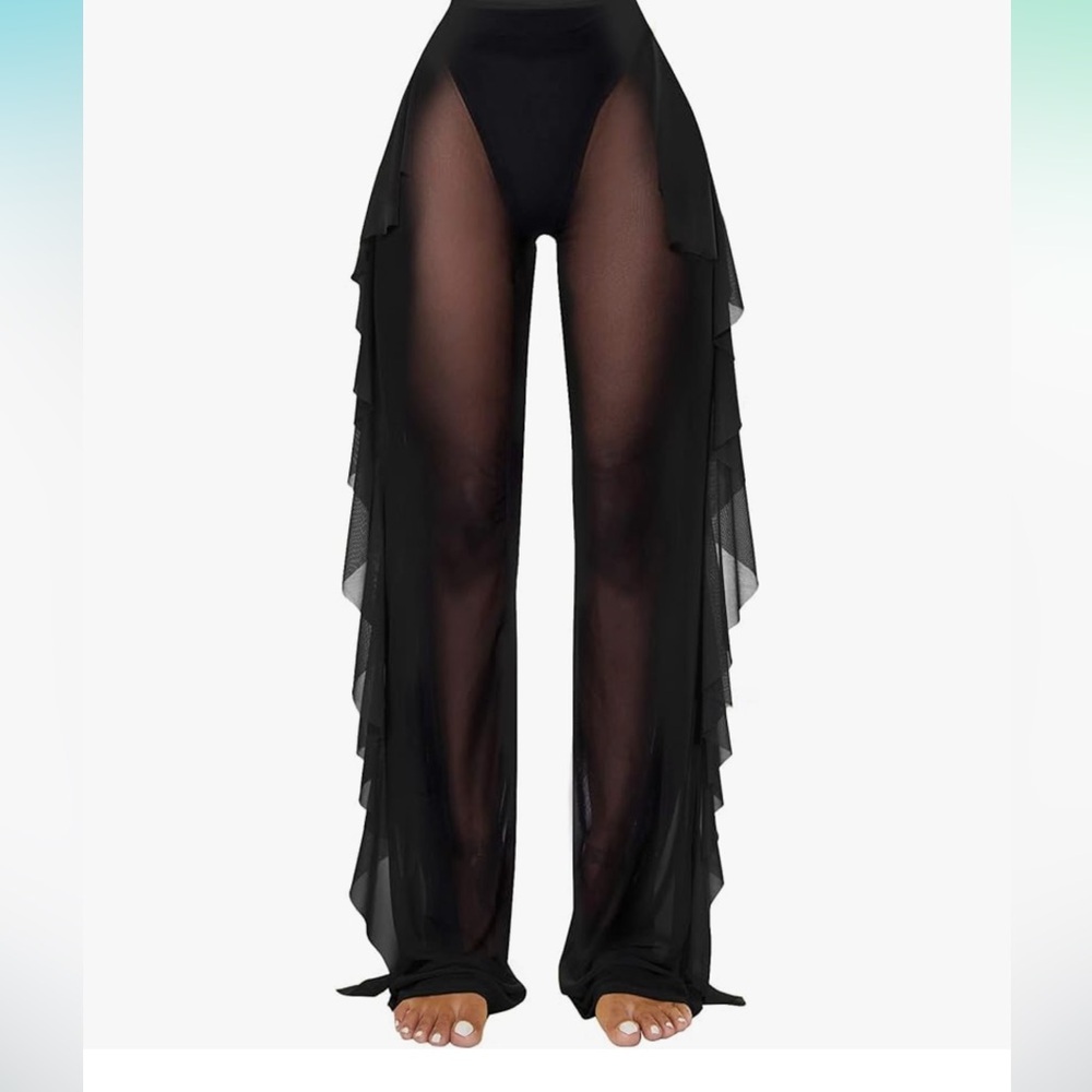 Ruffle Sheer Mesh Swimwear Bikini Cover Up Pants See Through Medium - Picture 2 of 8